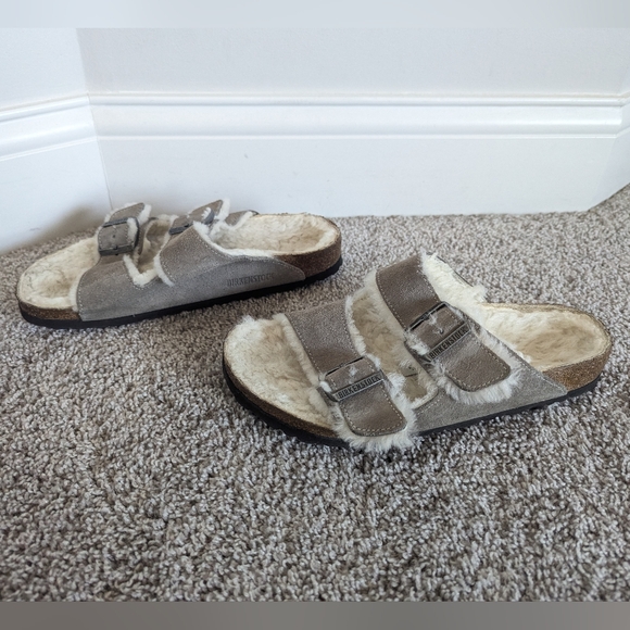 Birkenstock Arizona Shearling - Stone Coin Grey Suede sz 40 US 9-9.5 - Picture 3 of 6